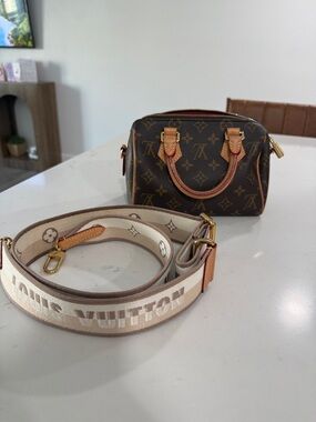 Louis Vuitton Brown Monogram Mini Bag with Beige Logo Strap